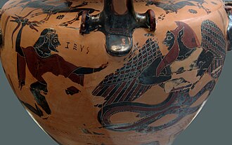 Zeus aiming his thunderbolt at a winged and snake-footed Typhon. Chalcidian black-figured hydria (c. 540–530 BC), Staatliche Antikensammlungen (Inv. 596).[1]