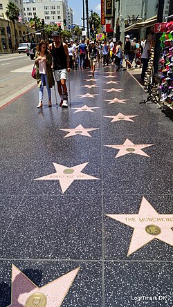Pedestrians looking at two rows of alternating stars in the charcoal sidewalk on the north side of Hollywood Boulevard
