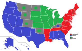 This map shows by state which company has the rights to the Standard Oil name. ExxonMobil has full international rights and continues to use the Esso name overseas. States that are gray have a dot representing their owners, but are not actively being used; ExxonMobil operates in all these states and have de facto claimed the trademark.