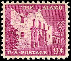 Second stamp, issued in 1956, depicts the facade of the Alamo mission.