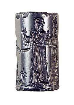 Old Babylonian cylinder seal, hematite. This seal was probably made in a workshop at Sippar (about 65 km or 40 mi north of Babylon on the map above) either during, or shortly before, the reign of Hammurabi.[83] It depicts the king making an animal offering to the sun god Shamash.