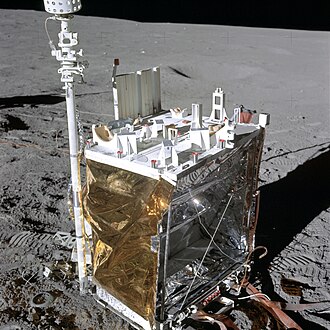 A close-up view of the Apollo 14 ALSEP Central Station deployed on the Moon