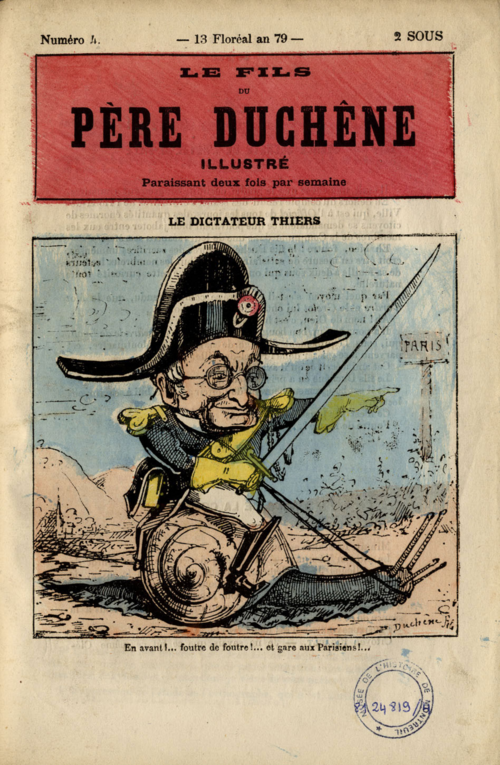 Adolphe Thiers charging on the Communards, in Le Père Duchênes illustré magazine.