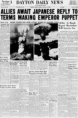 Front page on August 12, 1945, announcing the atomic bombing of Hiroshima and Nagasaki, Japan