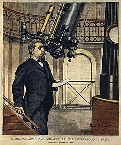 Schiaparelli in the Brera Astronomical Observatory. Cover illustration of La Domenica del Corriere by Achille Beltrame