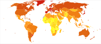 Colon and rectum cancer deaths per million persons in 2012 3–17 18–21 22–27 28–36 37–54 55–77 78–162 163–244 245–329 330–533