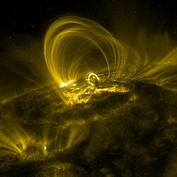 Coronal loops rooted in an active region. Imaged in 171 Å by TRACE.