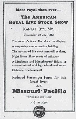 MoPac newspaper ad for travel to the American Royal livestock show, 1922.