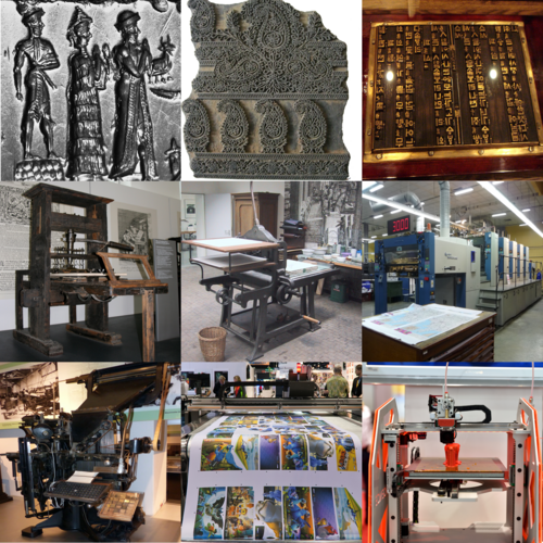 From top to bottom, left to right: cylinder seal of a scene, block used for woodblock printing, movable type, printing press, lithograph press, offset press used for modern lithographic printing, linotype machine for hot metal typesetting, digital printer, 3D printer in action.