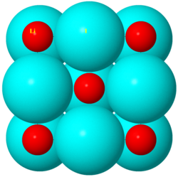 Front view of the unit cell of an LiI crystal, using Shannon's crystal data (Li+ = 90 pm; I− = 206 pm). The iodide ions nearly touch (but don't quite), indicating that Landé's assumption is fairly good.
