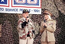 Bob Hope and Ann Jillian perform at the USO Christmas Tour during Operation Desert Shield