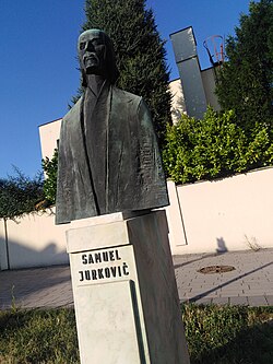 The statue of Samuel Jurkovič, national awakener and founder of first cooperative in Central Europe (Spolok Gazdovský) in Rača, Bratislava