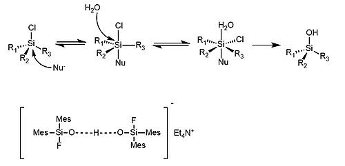 Mechanism of silane hydrolysis from Corriu et. al., invoking hypervalent intermediates (top), and the structure of a hydrogen bisilonate salt (bottom).