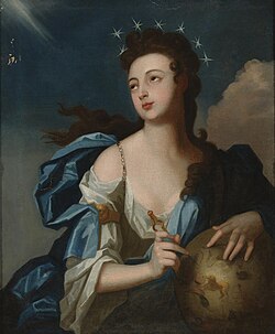 Urania depicted with a celestial globe with stars above her head. Allegorical Portrait of Urania, Muse of Astronomy by Louis Tocqué.