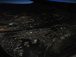 An aerial view of the Bronx from the east at night