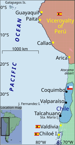 Territories controlled by Chile and the Viceroyalty of Perú after the Battle of Chacabuco of 1817. Chiloé and Valdivia were enclaves accessible only by sea.