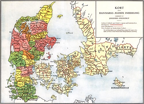 A map showing the divisions of medieval Denmark: herreder (hundreds) and Jutland's sysler.