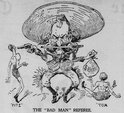 A caricature of Wyatt Earp after the Sharkey-Fitzsimmons fight: The public was outraged by his decision as referee and newspapers pilloried him for many weeks afterward