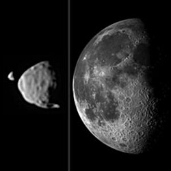 The moons of Mars Deimos and Phobos as seen from Mars, compared at apparent size to the in apparent and actual size much larger Moon as seen from Earth. If they would be as far away from Mars as the Moon from Earth, they would appear as faint star-like features in the Martian sky.