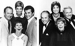 At left, main cast members in 1967 (clockwise from the bottom): Burnett, Harvey Korman, Vicki Lawrence, and Lyle Waggoner. At right, the 1977 cast: Burnett, Tim Conway, Lawrence, and Korman.