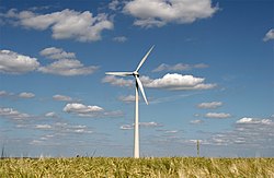 This wind turbine generates electricity from wind power.