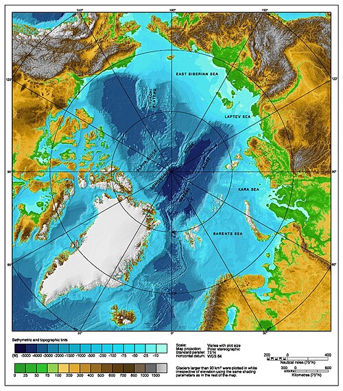 A bathymetric/topographic map of the Arctic Ocean and the surrounding lands.