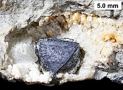 Sphalerite crystal partially encased in calcite from the Devonian Milwaukee Formation of Wisconsin