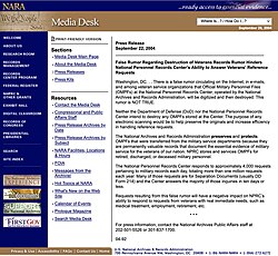 National Archives press release on the records hoax, as it appeared online in September 2004[13]