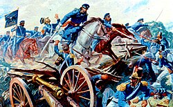 Captain Charles A. May's squadron of the 2nd Dragoons slashes through the Mexican Army lines. Resaca de la Palma, Texas, May 1846.