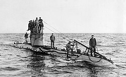 German UC-1-class World War I submarine. The wires running up from the bow to the conning tower are the jumping wires