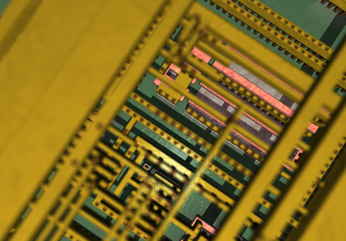 Synthetic detail of a standard cell through four layers of planarized copper interconnect, down to the polysilicon (pink), wells (greyish) and substrate (green)