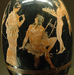 Aphrodite and Adonis, Attic red-figure aryballos-shaped lekythos by Aison (c. 410 BC, Louvre, Paris)