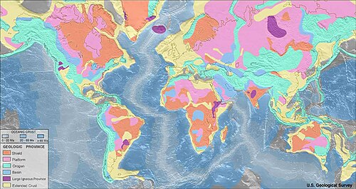 Geologic provinces of the world (USGS) Shield Platform Orogen Basin Large igneous province Extended crust Oceanic crust: 0–20 Ma 20–65 Ma >65 Ma