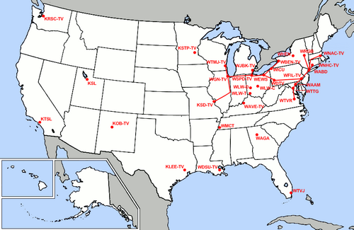 The DuMont Television Network in 1949. DuMont's network of stations stretched from Boston to St. Louis. These stations were linked together via AT&T's coaxial cable feed, allowing the network to broadcast live television programming to all the stations at the same time. Stations not yet connected received kinescope recordings via physical delivery.