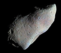 951 Gaspra, the first asteroid imaged by a spacecraft, as viewed during Galileo's 1991 flyby; colors are exaggerated