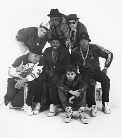 Run-DMC with the members of Beastie Boys and DJ Hurricane in a 1987 publicity photo to promote the Together Forever Tour.