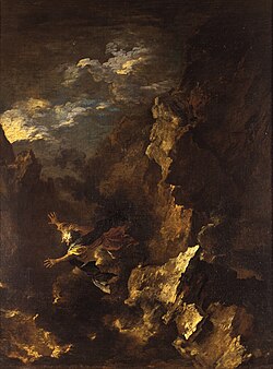 The Death of Empedocles by Salvator Rosa (1615–1673), depicting the legendary alleged suicide of Empedocles jumping into Mount Etna in Sicily