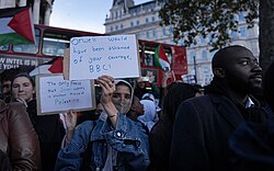 Pro-Palestinian protester accusing the BBC of pro-Israel bias during the Gaza war