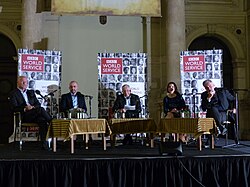BBC World Service, with Jonathan Dimbleby (middle) broadcasting from Budapest, Hungary in 2016