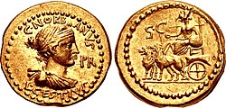 Aureus of Gaius Norbanus and Lucius Cestius, 43 BC. On the obverse is a bust of the Cumaean Sibyl, while on the reverse Cybele drives a biga pulled by lions, perhaps alluding to Octavian's anticipated victory over Brutus and Cassius.