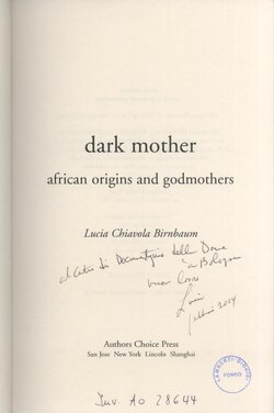 Lucia Chiavola Birnbaum's signature (Women's library of Bologna) from the book: "Dark mothers, african Origins and Godmothers"