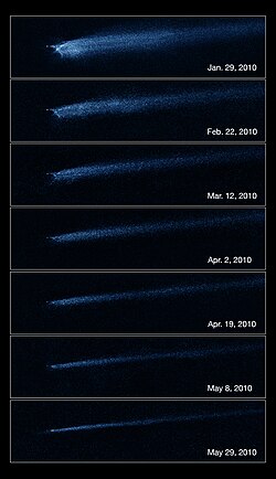 Hubble's Wide Field Camera 3 clearly shows the slow evolution of the debris coming from asteroid P/2010 A2, assumed to be due to a collision with a smaller asteroid.