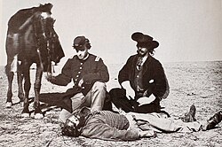 Scalped corpse of buffalo hunter found after an 1868 encounter with Cheyennes near Fort Dodge, Kansas