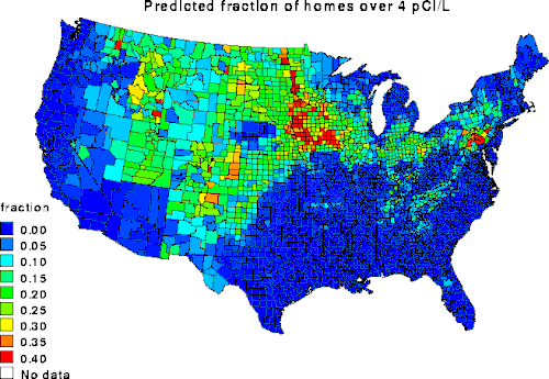 Predicted fraction of U.S. homes having concentrations of radon exceeding the EPA's recommended action level of 4 pCi/L