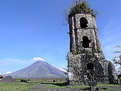 The bell tower is what remains of the Cagsawa Church, which was damaged by the 1814 eruption of Mayon. It withstood the damage done by Typhoon Durian (Reming) in 2006.