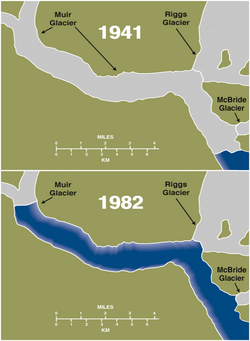 Maps showing retreat of Muir Glacier from 1941 to 1982