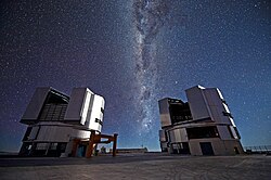 Two of the four Unit Telescopes that make up the ESO's VLT, on a remote mountaintop, 2600 metres above sea level in the Chilean Atacama Desert.
