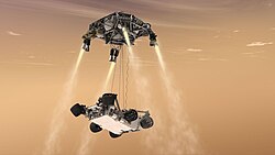 Artist's conceptIon of Curiosity being lowered from the rocket-powered descent stage