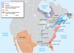 A 1702 map of North America showing forts, towns, and (in solid colors) areas occupied by European colonial settlements