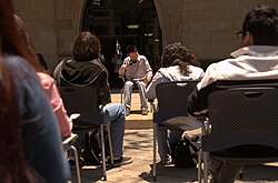 Forum on reading aloud held outside the campus library at the Monterrey Institute of Technology and Higher Education, Mexico City for the occasion
